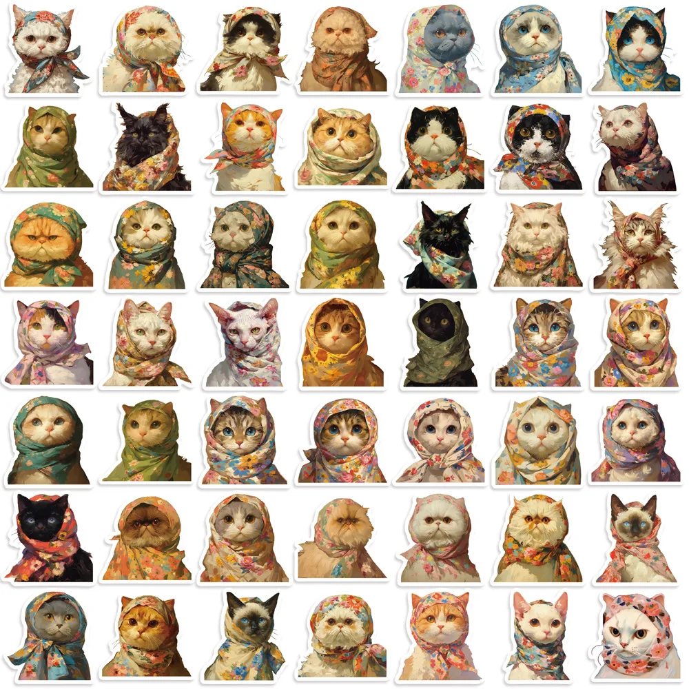 50Pcs Art Painting Cat with Head Scarf Graffiti Stickers For Bottle Laptop Decor Oil Painting Kitty Sticker