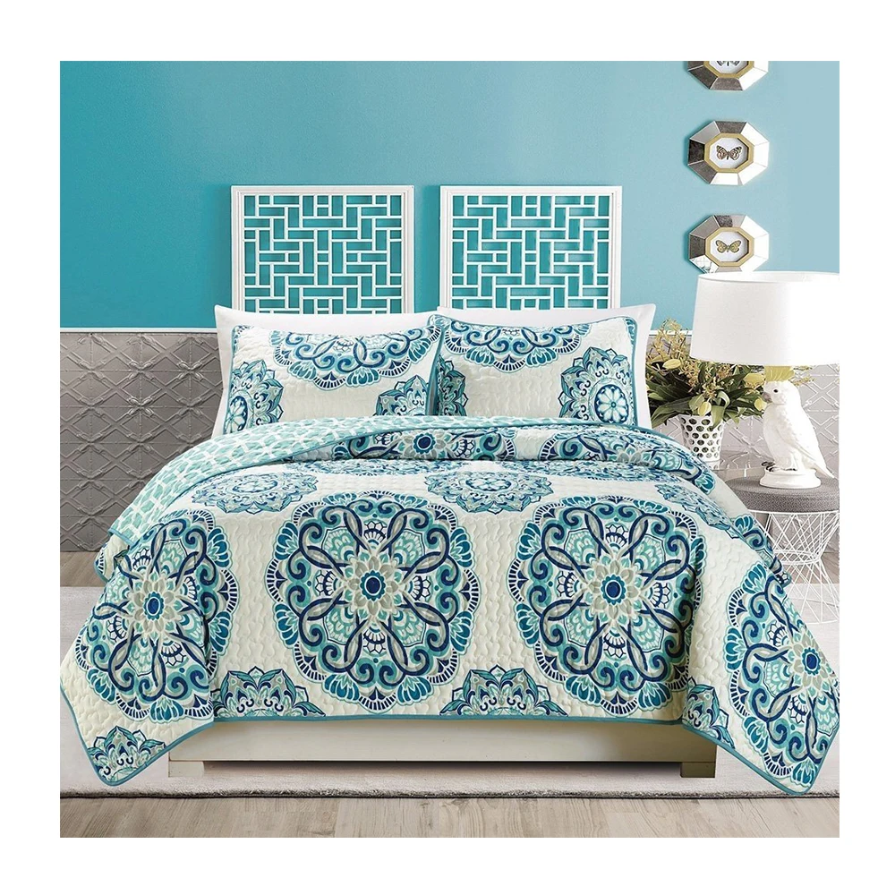 Оптовая продажа Реверсивный стеганый комплект постельного белья покрывало на голову, комплект из 3 предметов с принтом из микрофибры одеяло