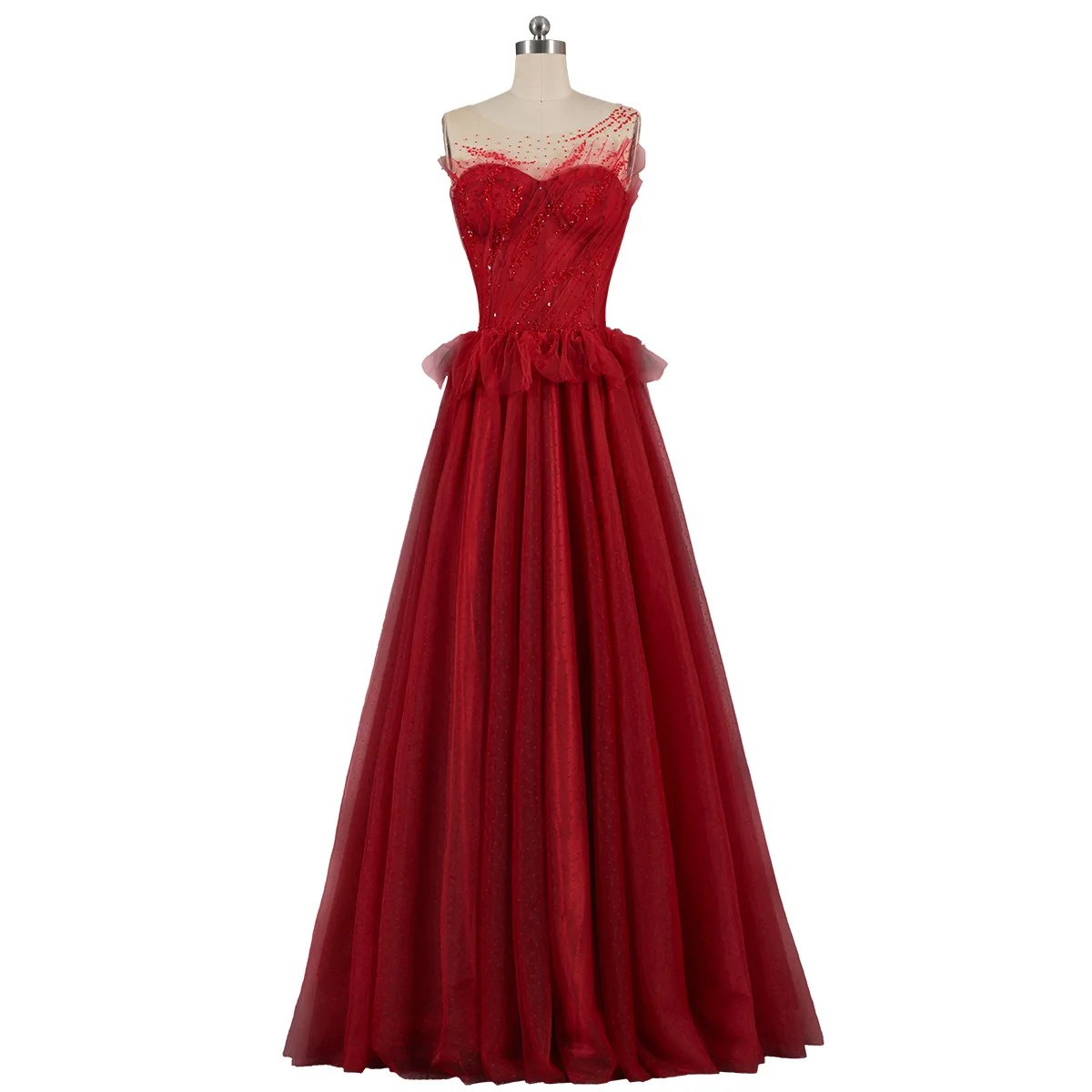 XINEN   Customized beaded mesh double shoulder round neck banquet wedding host dress