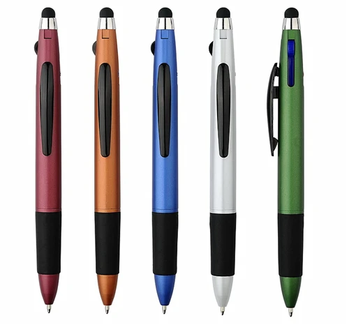 customized 3 color Multi-Color ink custom logo stylus Ball Pen with soft rubber grip-black blue red ink ball pen with stylus