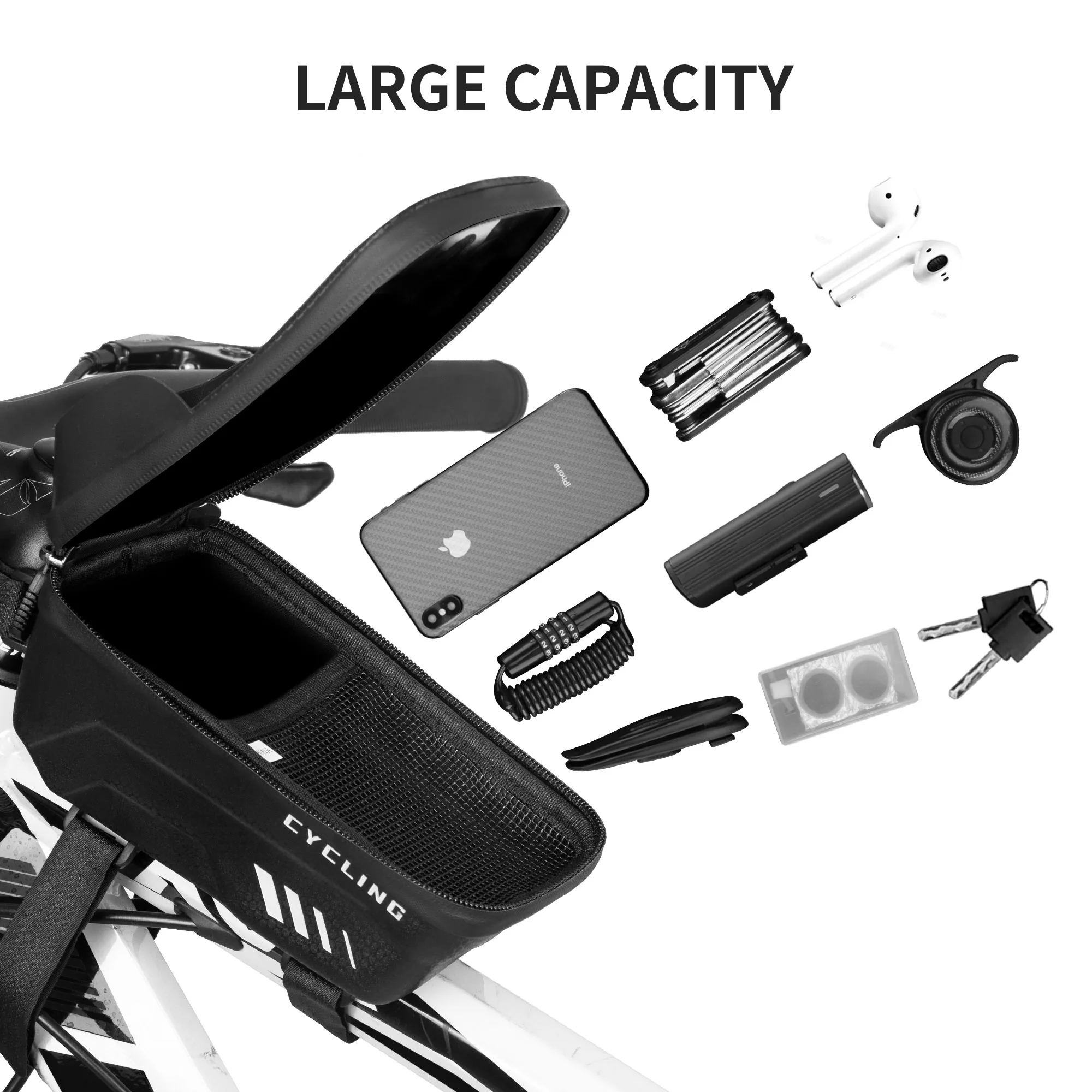 ASRQGOAL Hard Shell Front Frame Tube Bike Bag Rainproof MTB Shockproof Reflective Bag Multifunctional Large Capacity Bicycle Bag