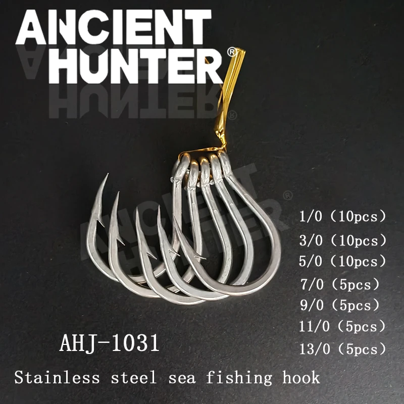 Ancient Hunter Stainless Steel Saltwater Fishing Hooks 20pcs Jigging Hooks 1/0 3/0 5/0 7/0 9/0 11/0 13/0 Single Jig Hook