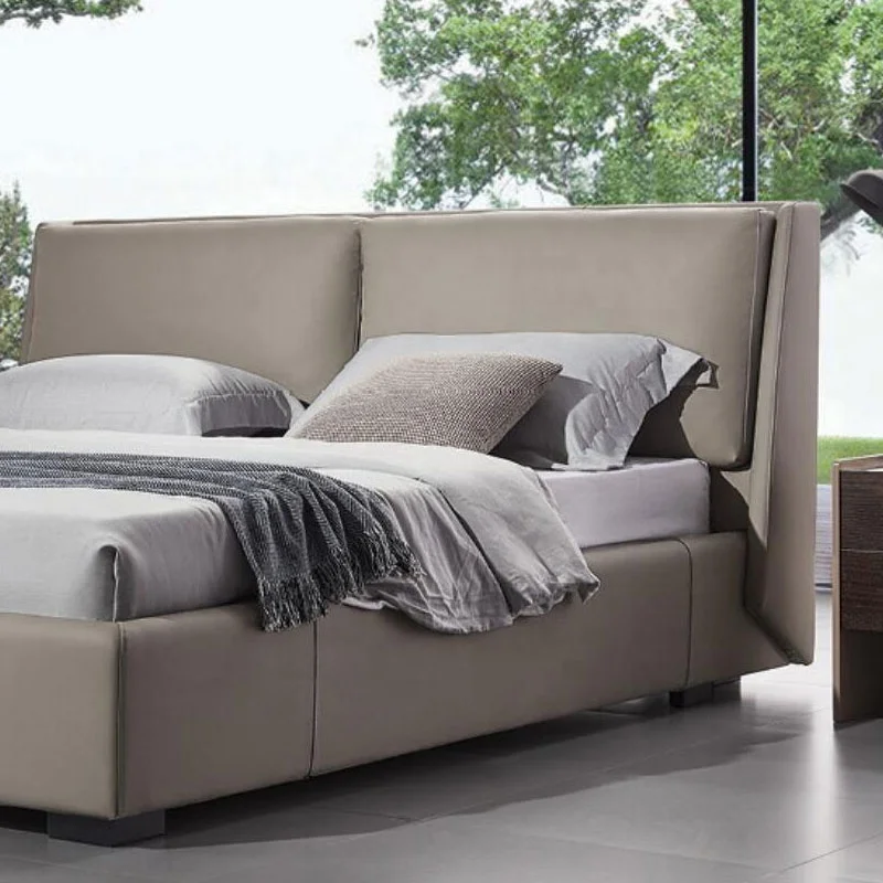 Modern luxury villa bedroom furniture adult double bed solid wood dark grey leather bed