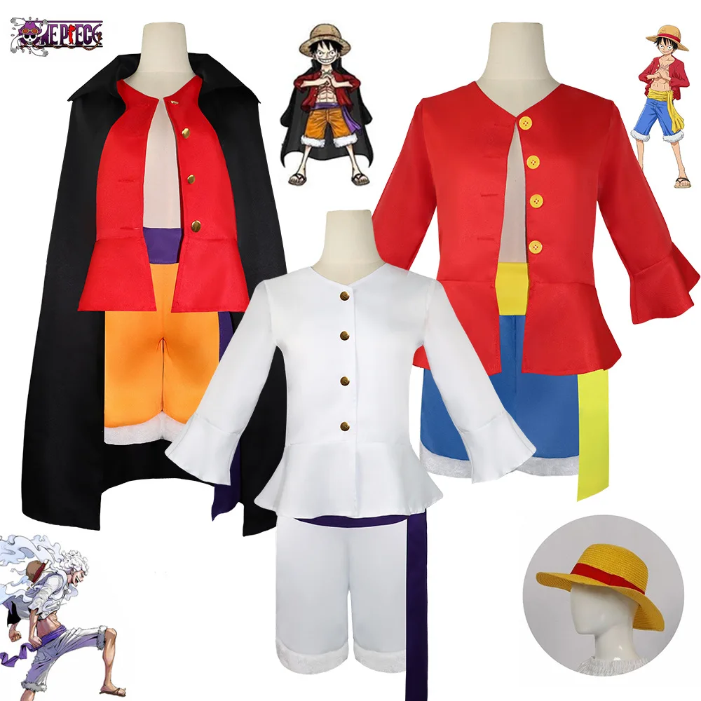 Anime One Pieced Cosplay Monkey D Luffy 1st Costume Full Set Uniforms Adult Halloween Party Wear (Tops+Shorts+hat)