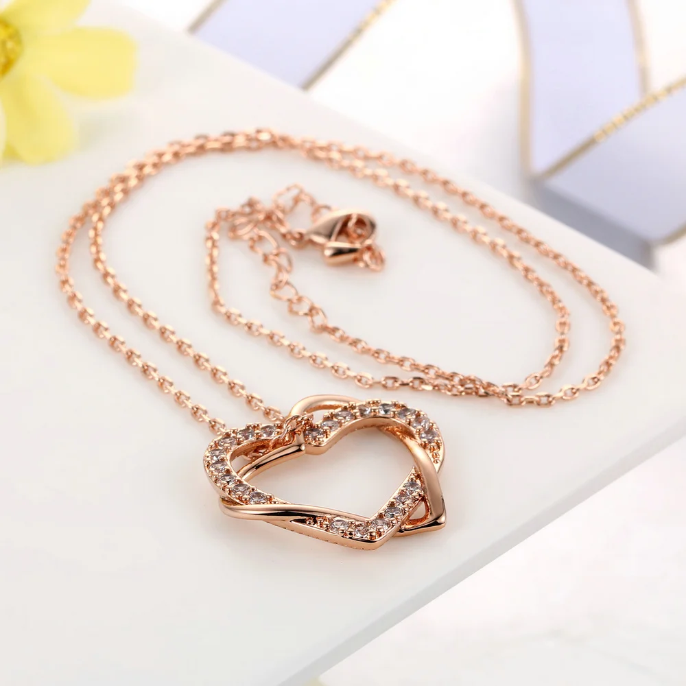 N062 China Wholesale Good Quality Birthday Gifts CZ Zircon Love Forever Double Heart Pendant Necklace
