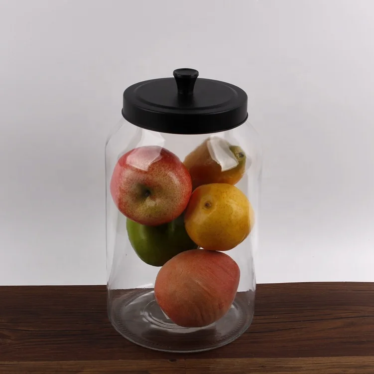 4L wide mouth round glass cookie jar container with black direct cover metal lid glass jar with metal lid