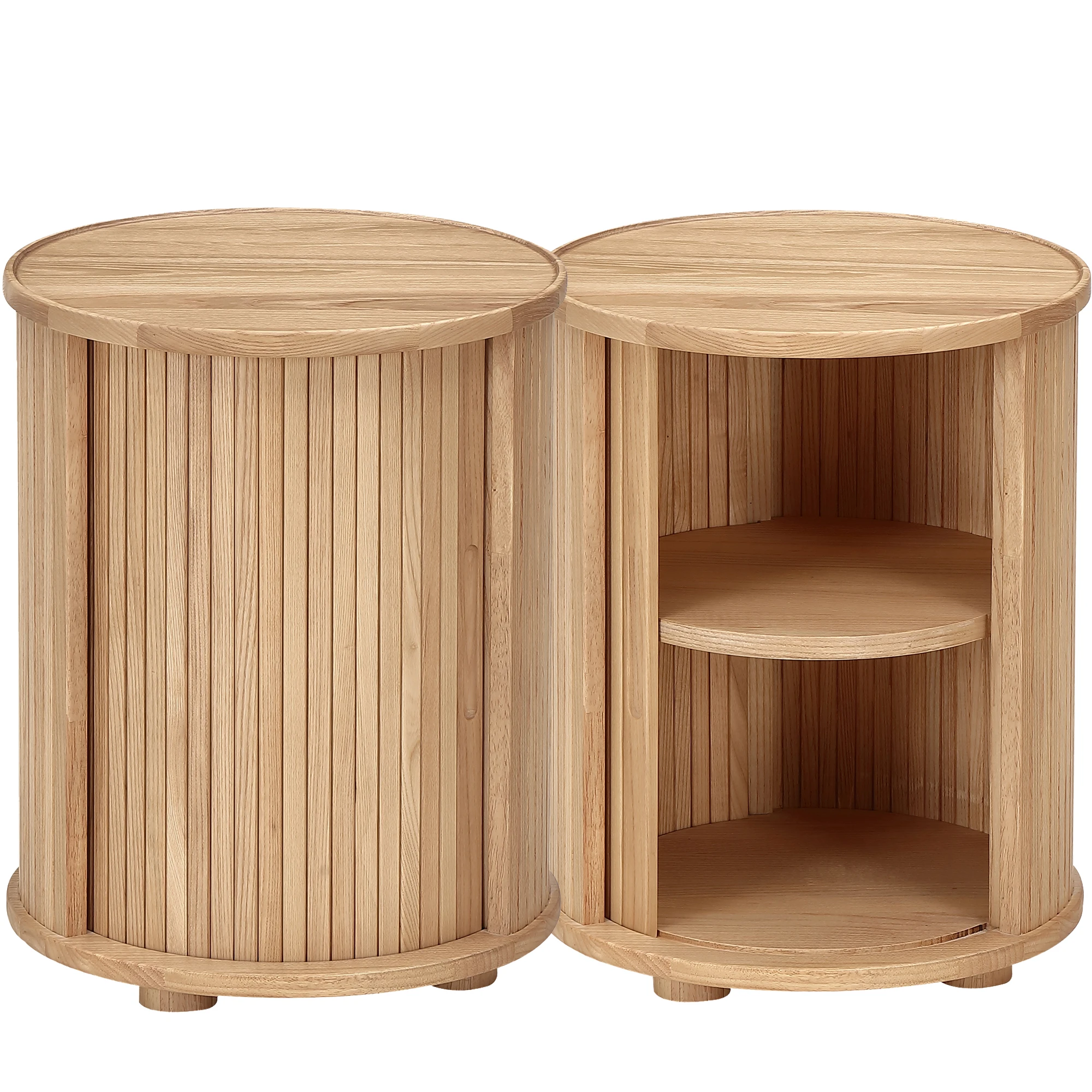 Ribbing Sliding doors Solid Natural ash wood Round Bed Side Table with 2 layers Nightstand Bed End Table Storage Bedroom Furnitu