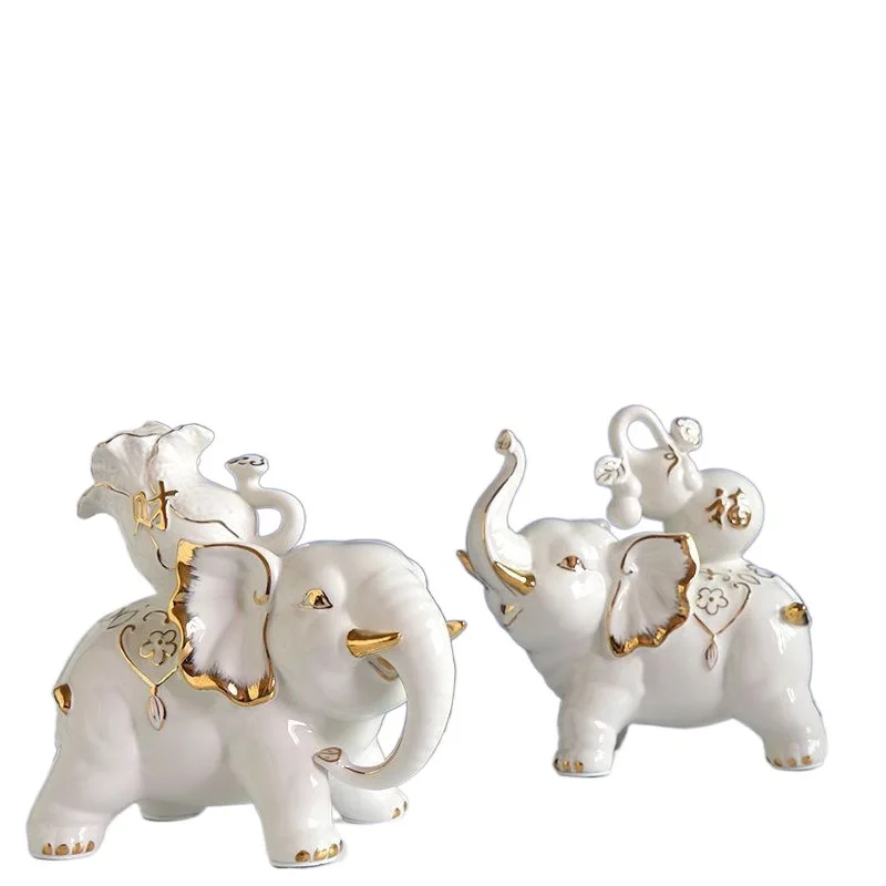 Elegant White Elephant Living Room Lucky Decoration 2pcs Ceramic Elefante Set European Style Ceramic Elephant Figurine