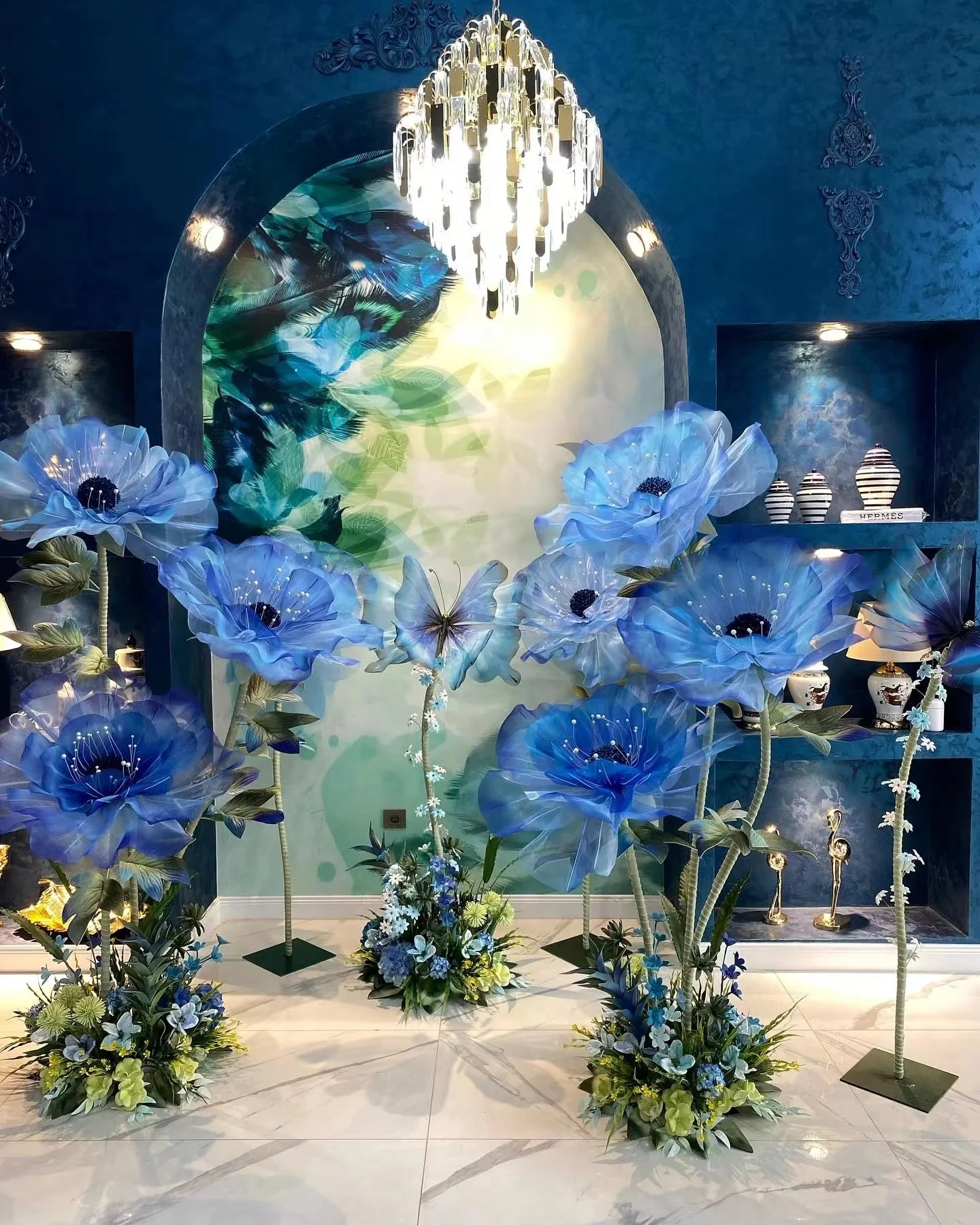 Blue silk Flowers Craft Decorations white red roses giant flower for window decor Wedding party Floral Set