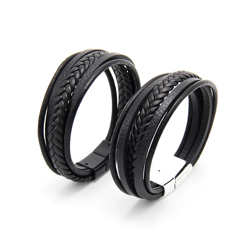 RisingMoon Trendy Genuine Leather Bracelets Men Magnetic Buckle Multilayer Braided Rope Bracelets Jewelry