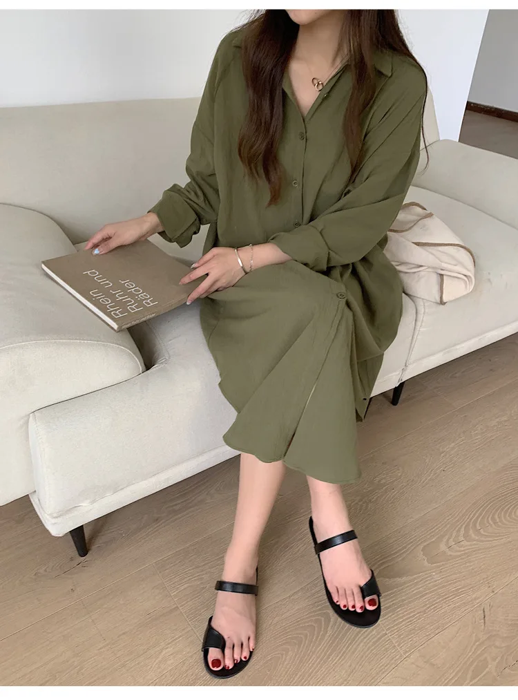 PDEP  Korea lazy wind simple long over the knee shirt dress solid colour lapel cardigan long sleeve cotton dresses women casual