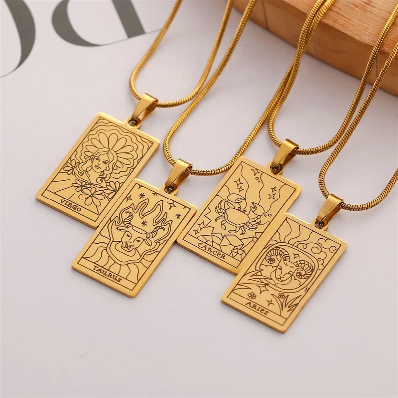 New Stainless Steel Square Pendant Zodiac Charm Necklace Waterproof 12 Horoscope Amulet Choker Necklace