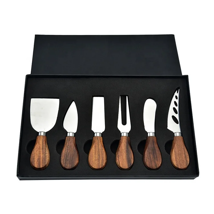 Дешевые 6 шт. кухонные инструменты, деревянная ручка из акации, ножи из нержавеющей стали, набор ножей для сыра, бамбук на Amazon