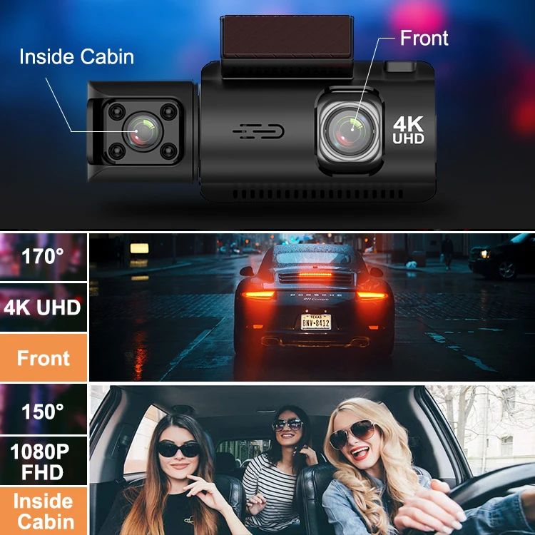3 Camera Optional 4K Front and Cabin  Dash Camera Infrared Night Vision Camera Recorder Car Dash Cam