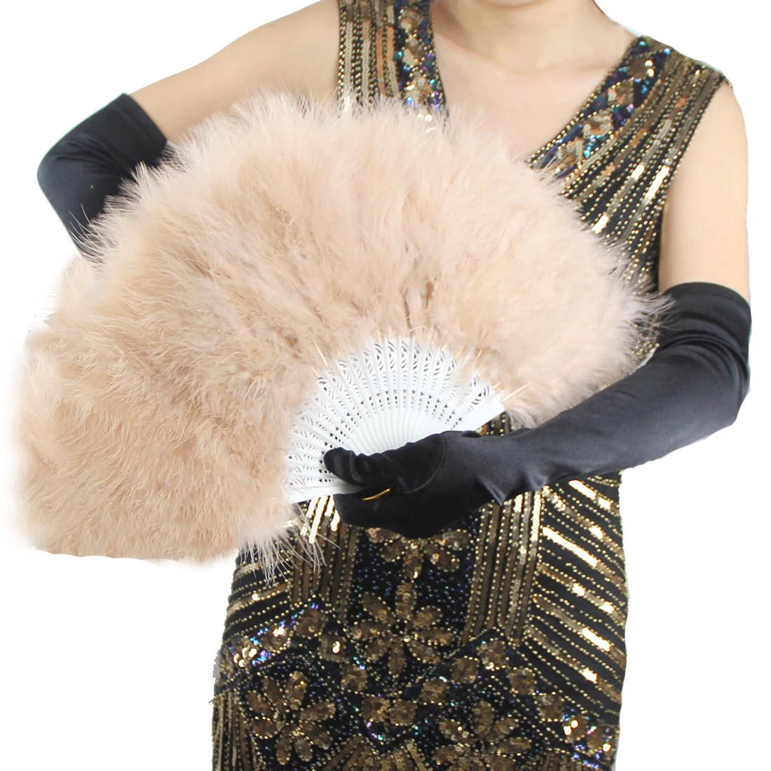 Roaring 20s Vintage Style Folding Handheld Flapper Marabou Feather Hand Fan for Costume Halloween Dancing Party Tea Party