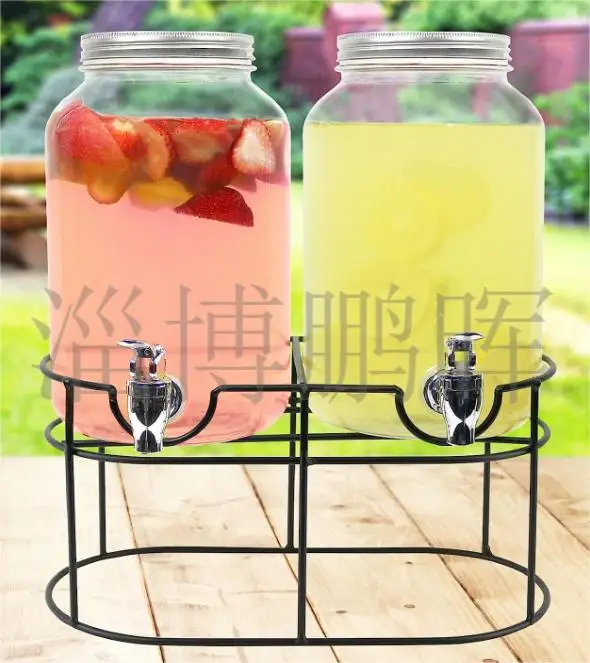 Glass Dual Beverage Dispenser Set 2 Gallon Glass Beverage Jar with Metal Rack for Wedding Juice Tea Lemonade Distribution
