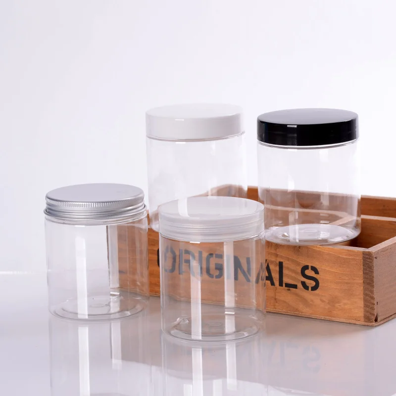 Wholesale cosmetic food packaging 50m 100ml 150ml 200ml 250ml 300ml amber clear pet plastic cosmetic cream jar with aluminum lid