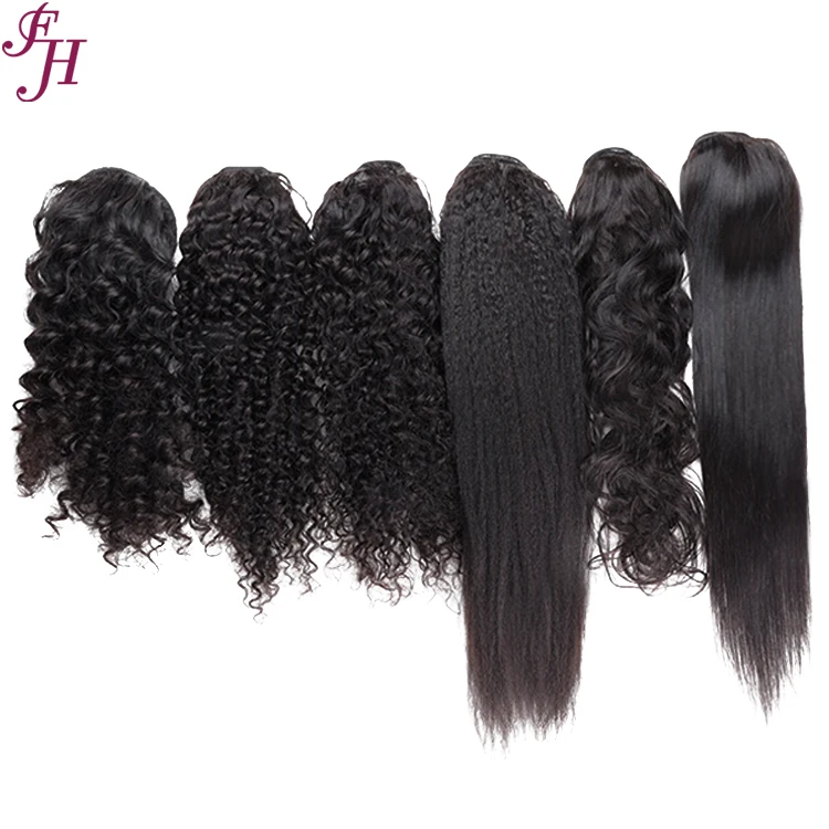 FH vendor clip in half head wigs natural black straight braizilian human hair 3in1 half handtied wig ponytail extension