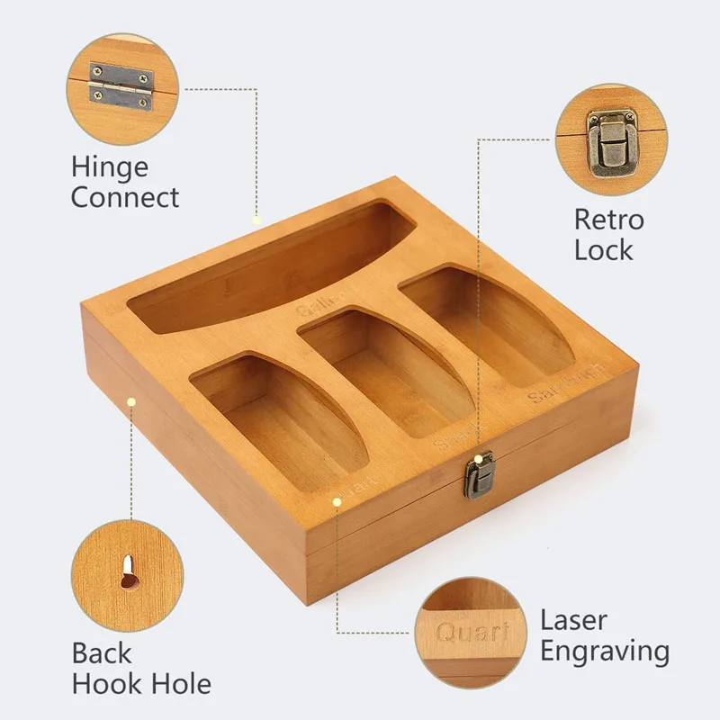 Bamboo and wood preservation bag storage box kitchen drawer organizer storage box wooden multi-grid ziplock bag garbage bag stor