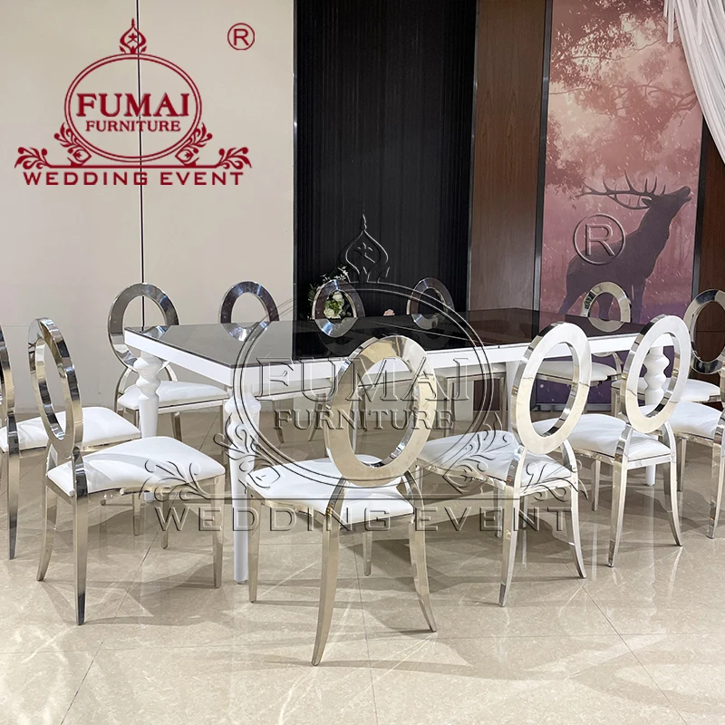 Glass Top White Metal Frame Modern Dining Table Set  For 6