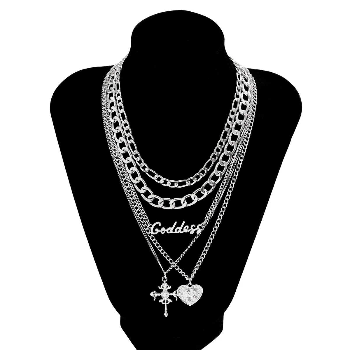 Hip hop personality letters retro multi-layer relief cross figure necklace chain