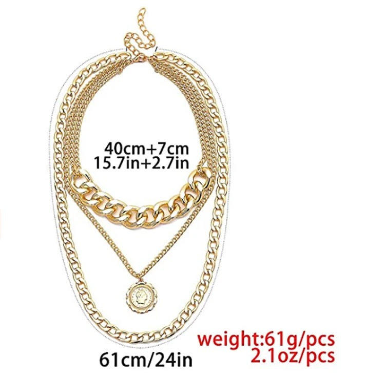Modern Fashion Gold Layered Thick Necklace Punk Gothic Sweater Chain Pendant Necklace