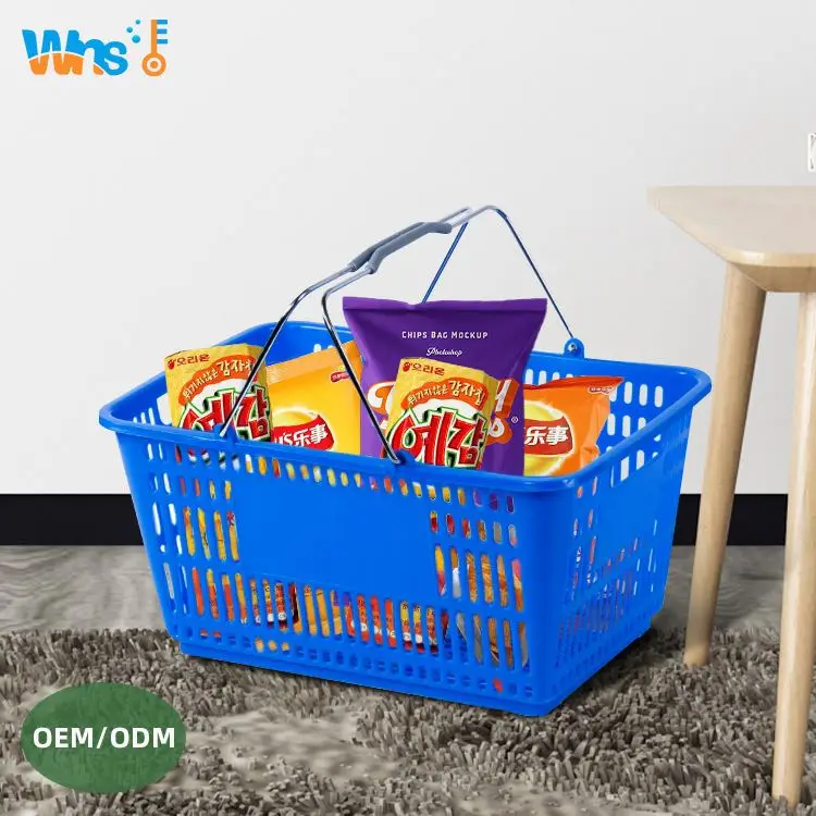 Plastic rolling shopping basket  with wheels  for supermarket