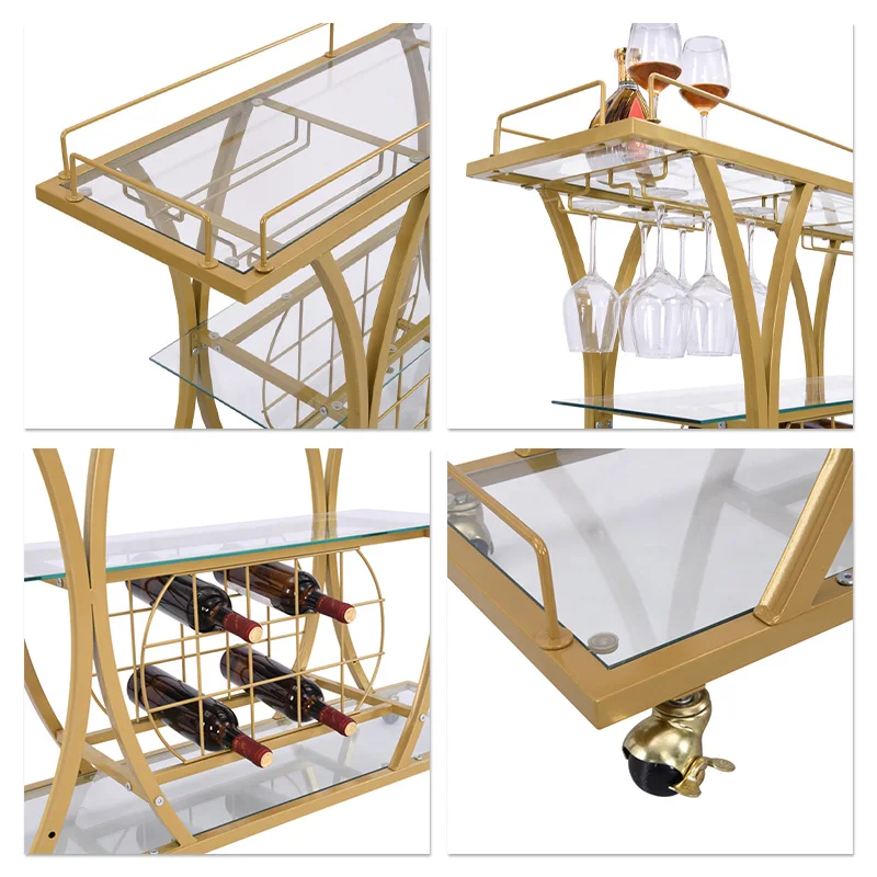 Serving Cart with Glass Holder and Wine Rack, 3-Tier Kitchen Trolley with Tempered Glass Shelves and Gold-Finished Metal Frame