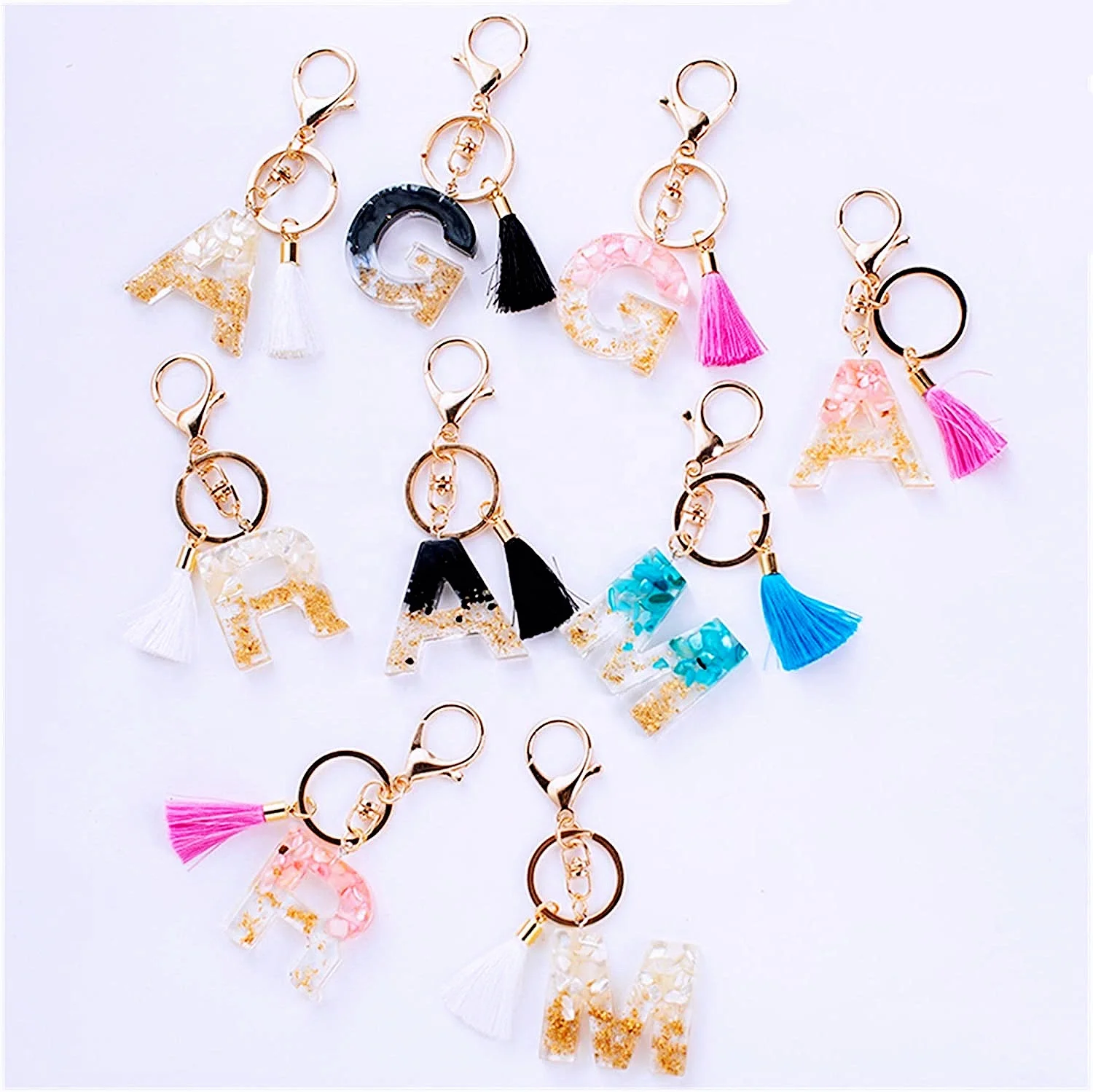 26 English resin letter keychain glitter keyring tassel key chain macrame acrylic initial alphabet keychain
