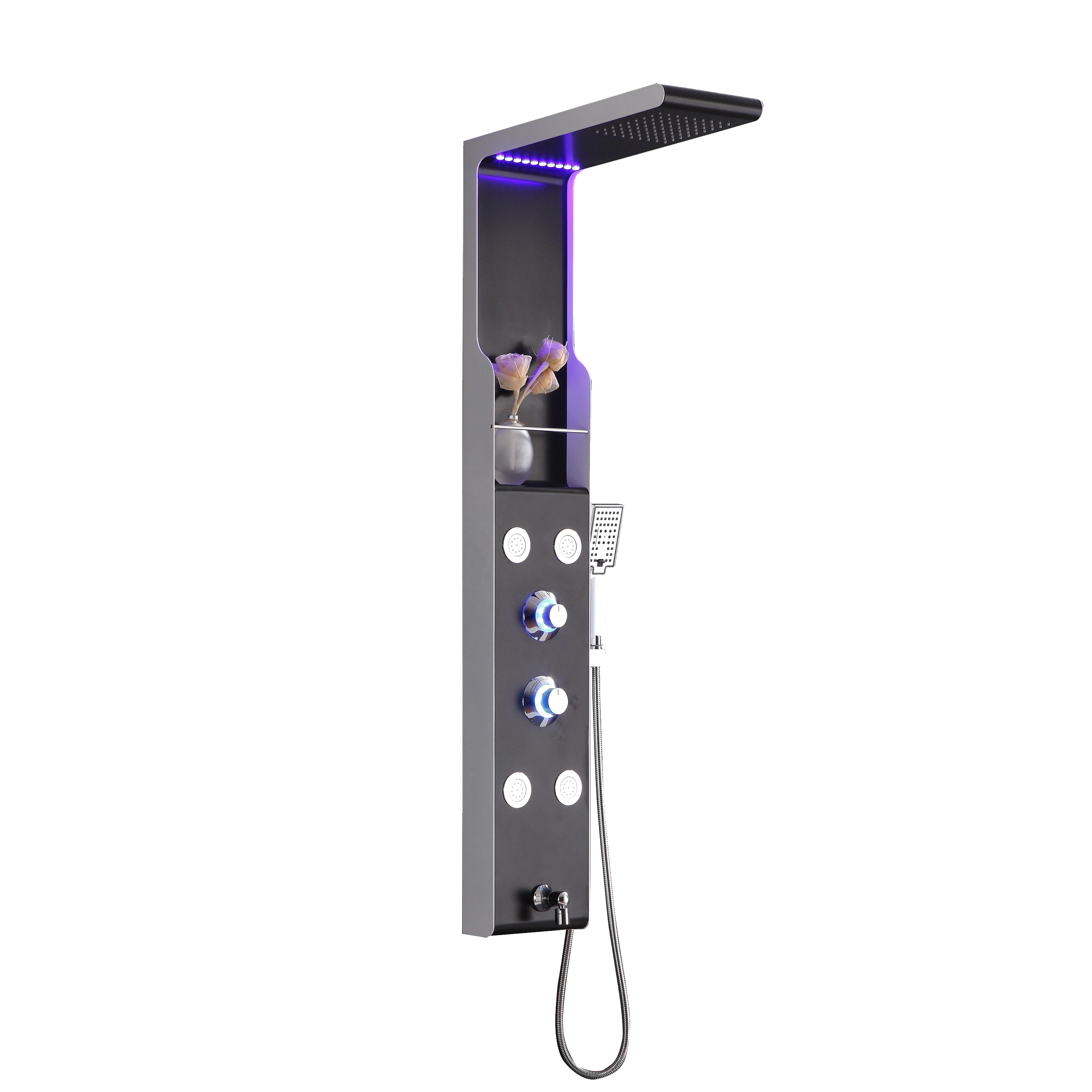 Intelligent black bathroom shower column led light waterfall massage shower panel with handshower
