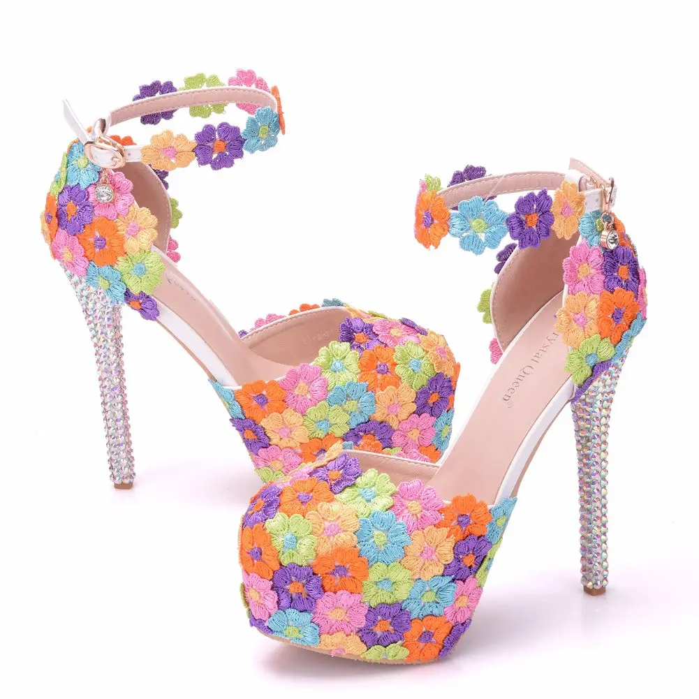 
White Lace Flower Bridal Shoes 14CM High Heel Round Toe Wedding Pumps Ankle Straps Women Sandals 