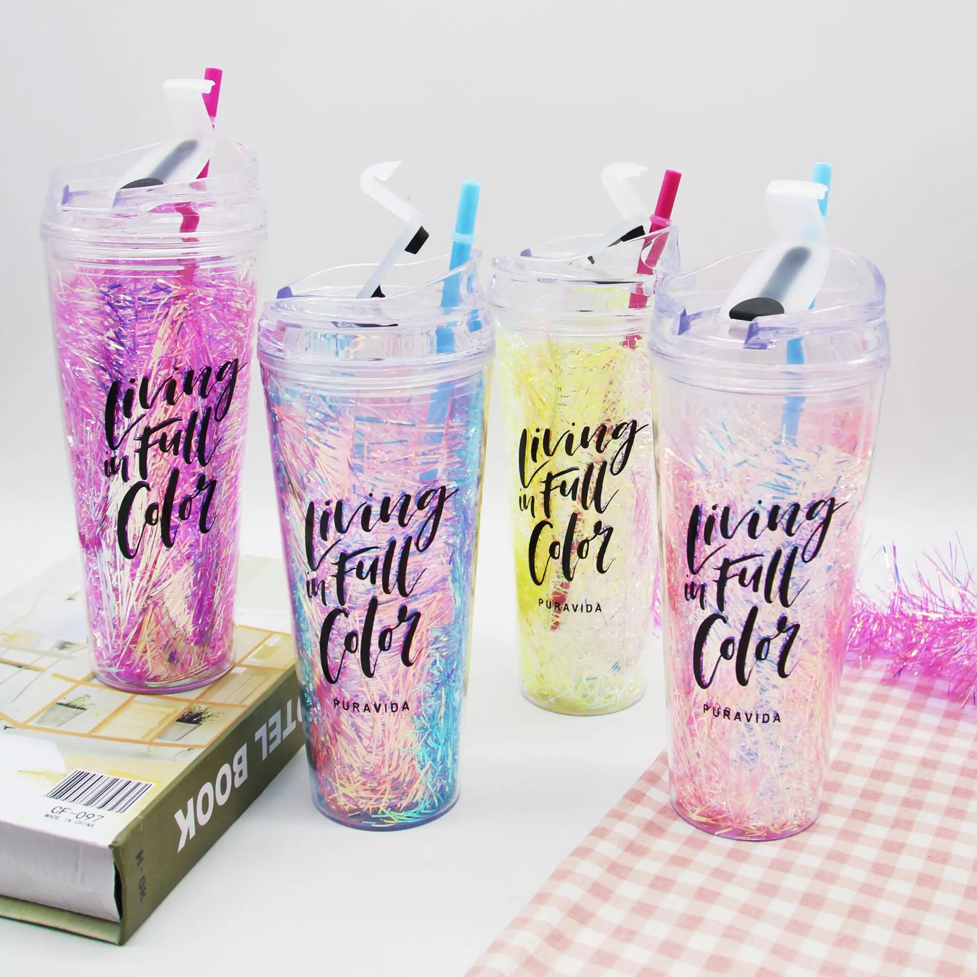 Rainbow Laser Sequined Tassel Sequins Glitter Double Wall Reusable Plastic Tumbler Cup With Flipping Lid And Straw