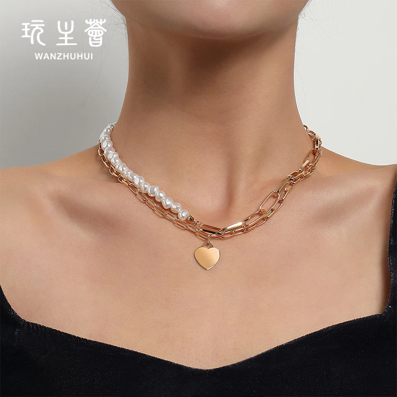 Wholesale women double layered love heart pendant pearl necklace