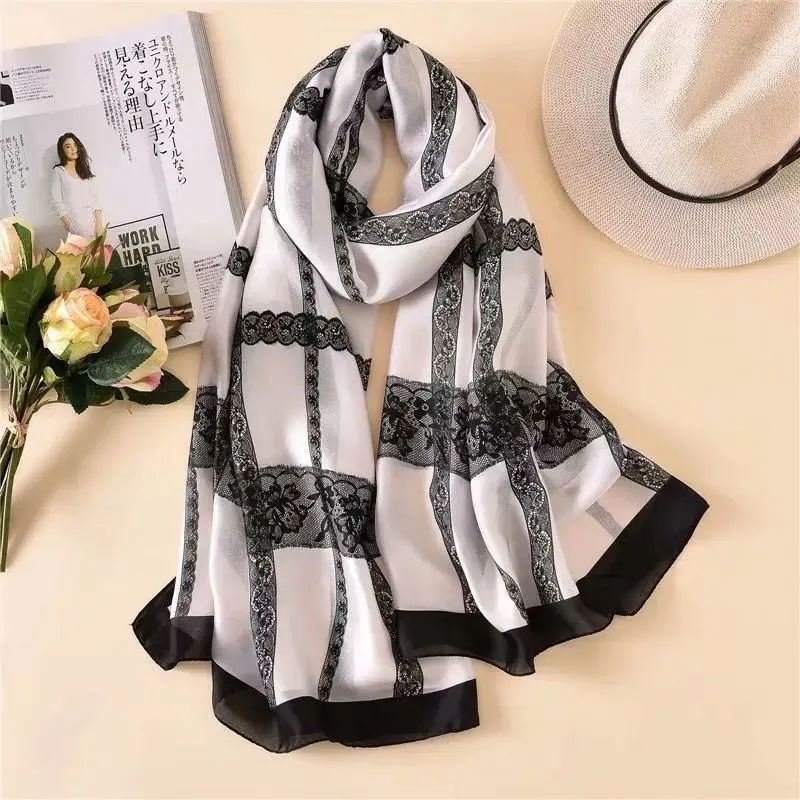 factory customization Fashion Design Women eyelash lace Printed Silk Scarf Travel Sunscreen Long hijab Shawl