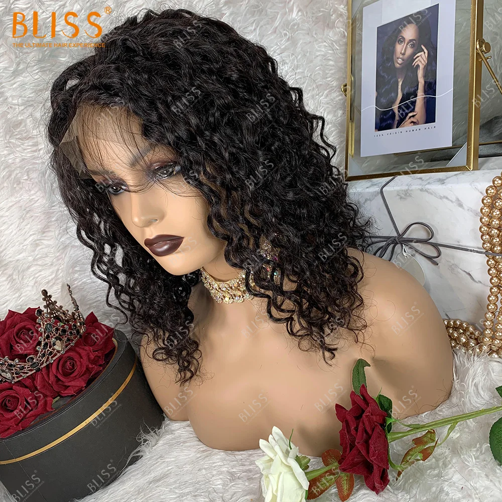 Bliss 100% Human Hair 13x4 Deep Wave Lace Front Middle Part Pre Plucked Short Bob Water Wave Wigs for Women