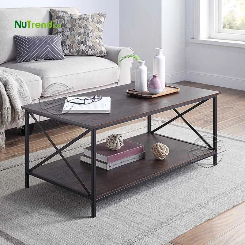 Livingroom Furniture Black Coffee Table Stand Wooden Coffee Desk With Metal Frame And Shelf
