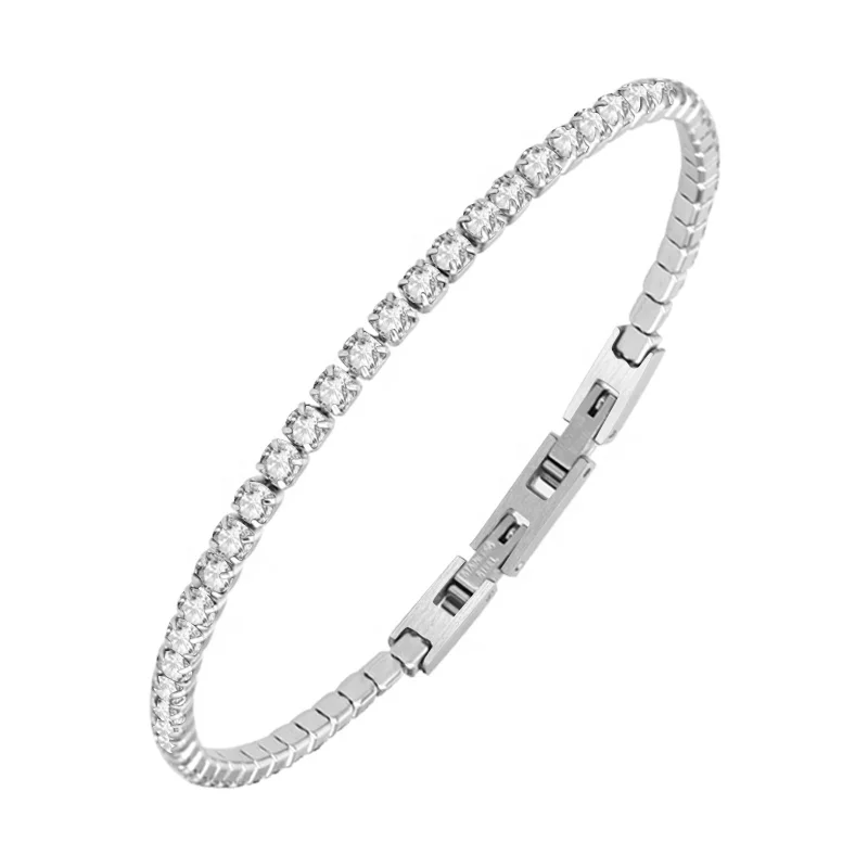 Luxury Jewelry Classic Design AAA+ Cubic Zircon Silver Gold Plated Stainless Steel Iced Out Tennis Bracelet