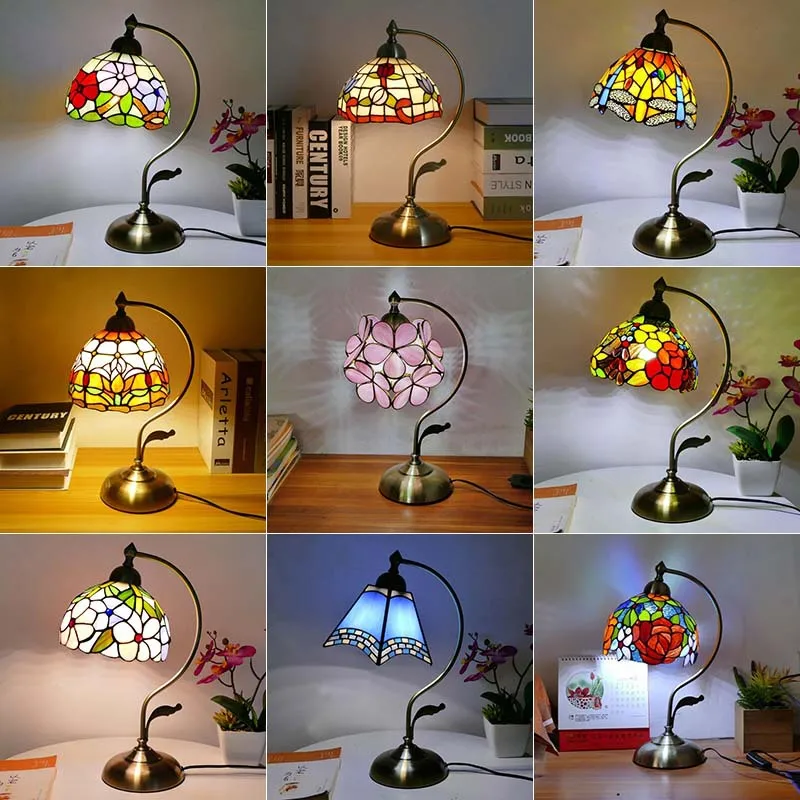 Modern Wrought Iron Desk and Bedside Lamp with Tiffany Lampshade for Home or Room Lighting