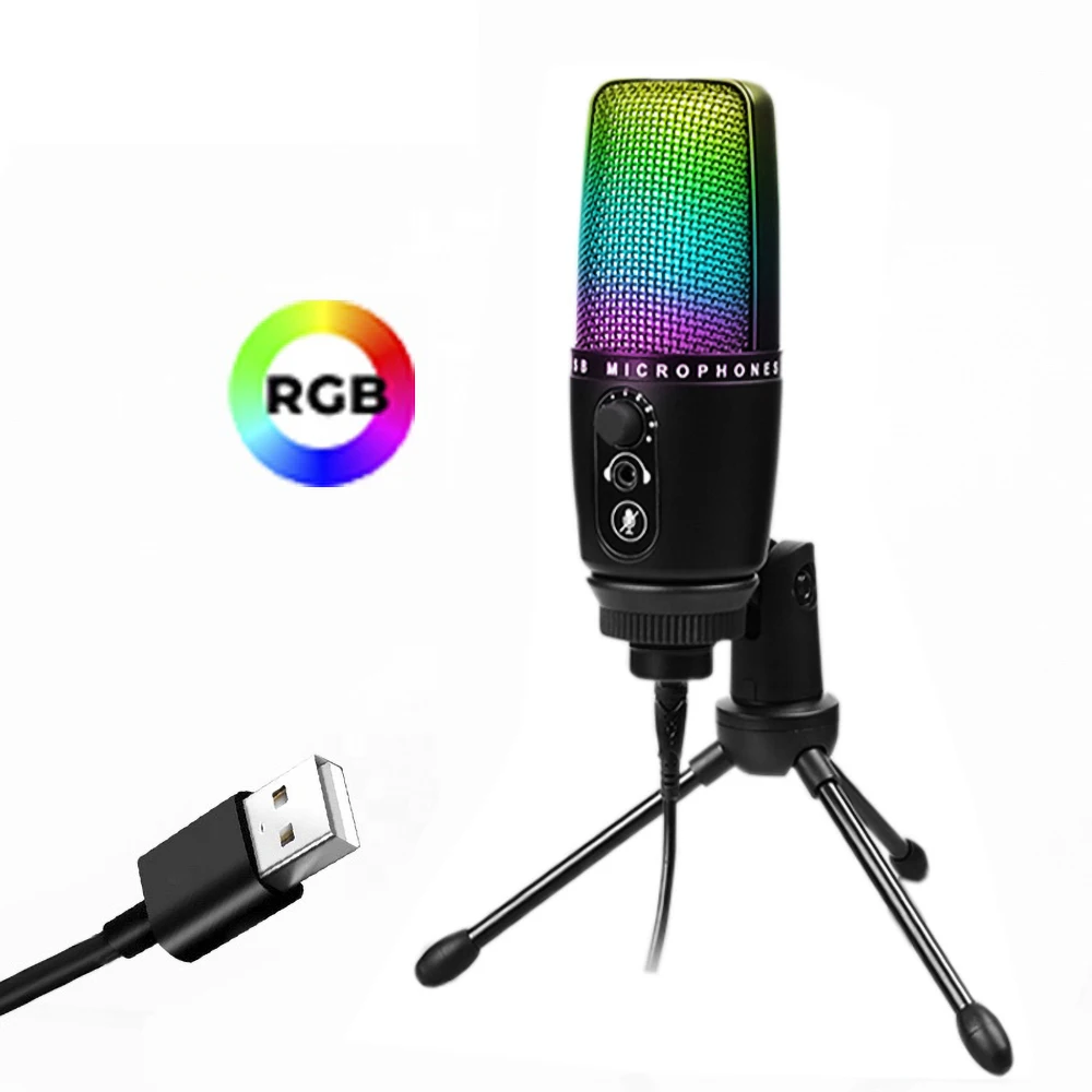 USB-микрофон RGB, цветные конденсаторные микрофоны с динамическим шумоподавлением для записи, пения, игр, потокового видео, Youtube