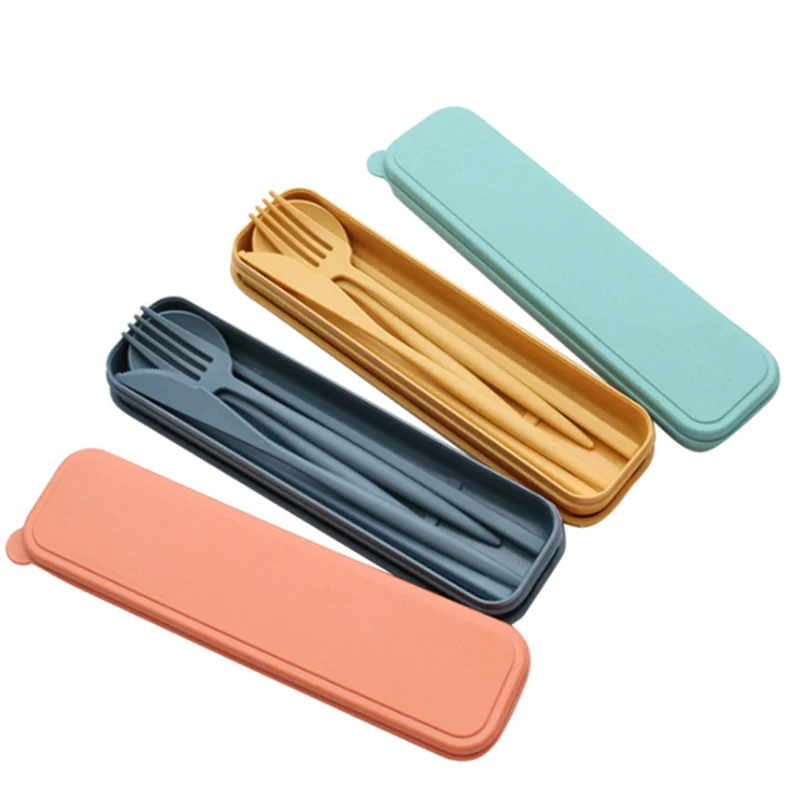 Camping travel Dinnerware Sets reusable flatware fork chopsticks spoon tableware portable wheat straw cutlery set with case