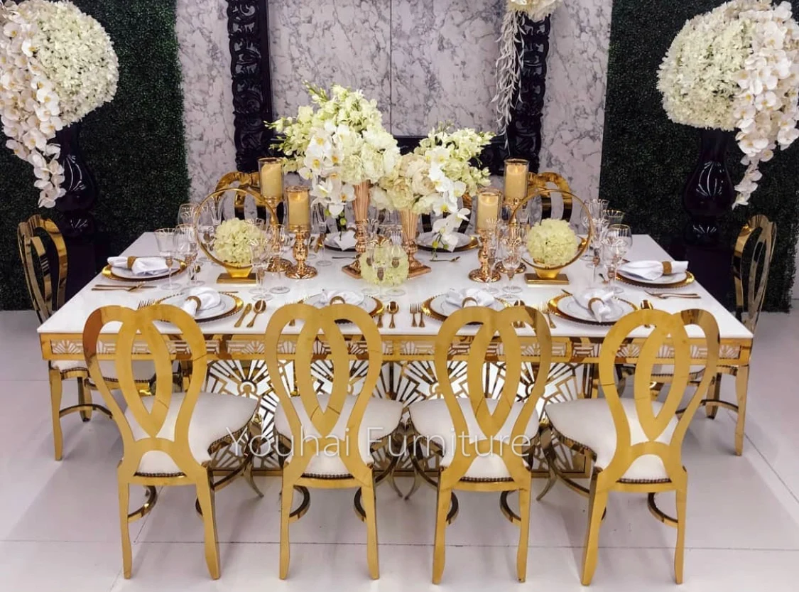
Party rectangle gold stainless steel base led color changing light wedding table 