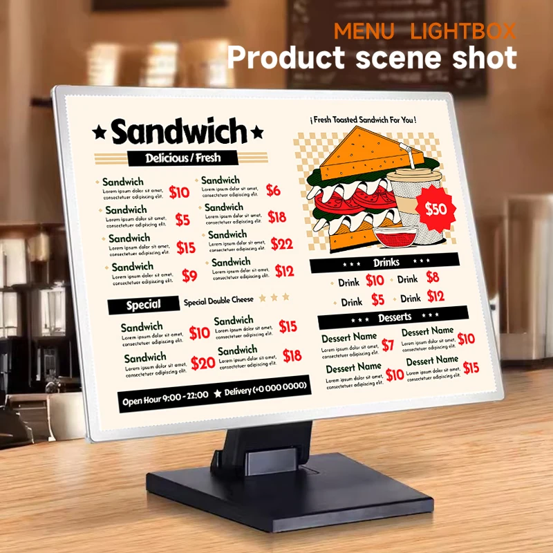 A3 A4 Adjustable LED Light Box Restaurant Menu with Temper Glass Poster Led Advertising Box