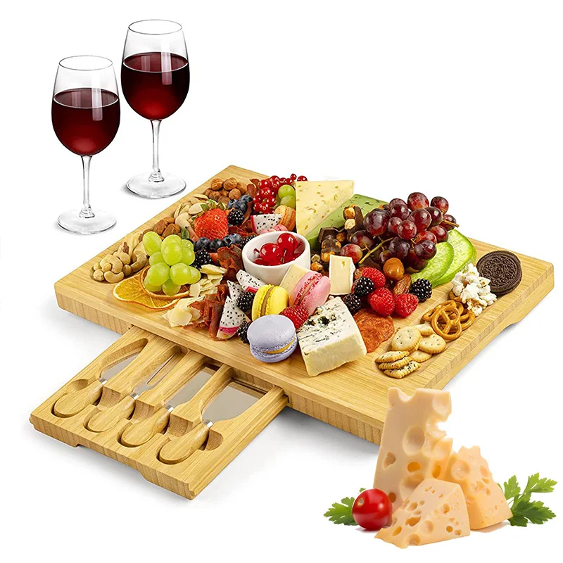Unique 4 Stainless Steel Knife & Thick Wooden Server Bamboo Charcuterie Board Cheese Platter & Serving Tray for House Gift