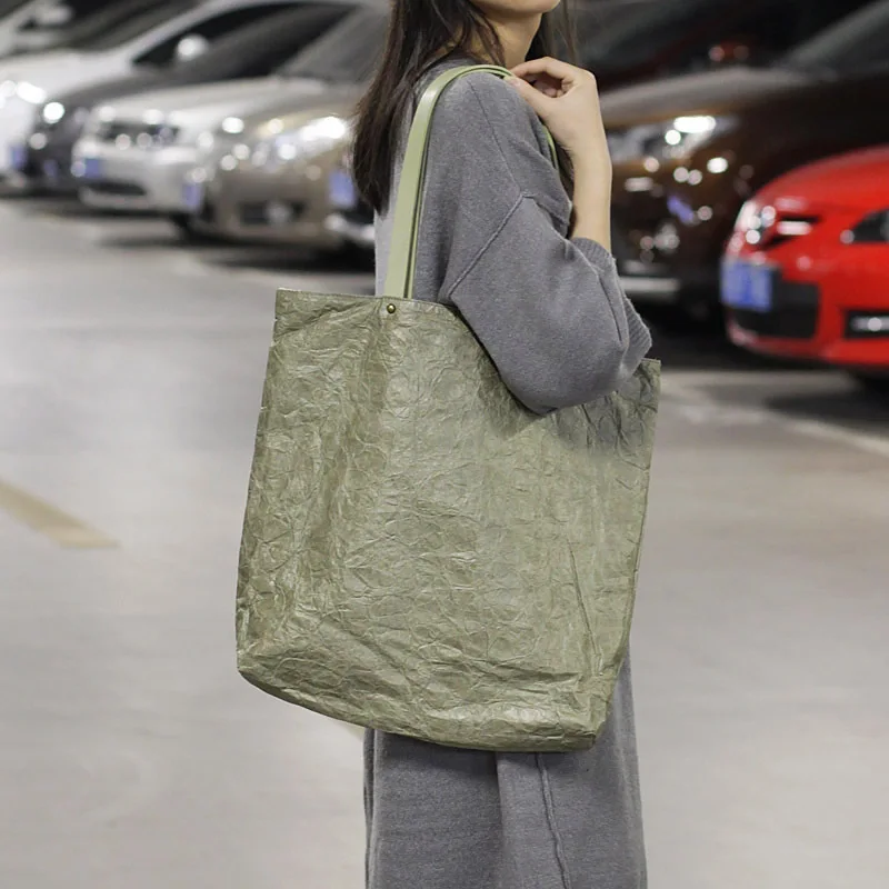 B375 Washable TYVEK Kraft Paper Shopping Bag Single Shoulder Handbag DuPont Paper Tote Bag With Cotton Linen Lining