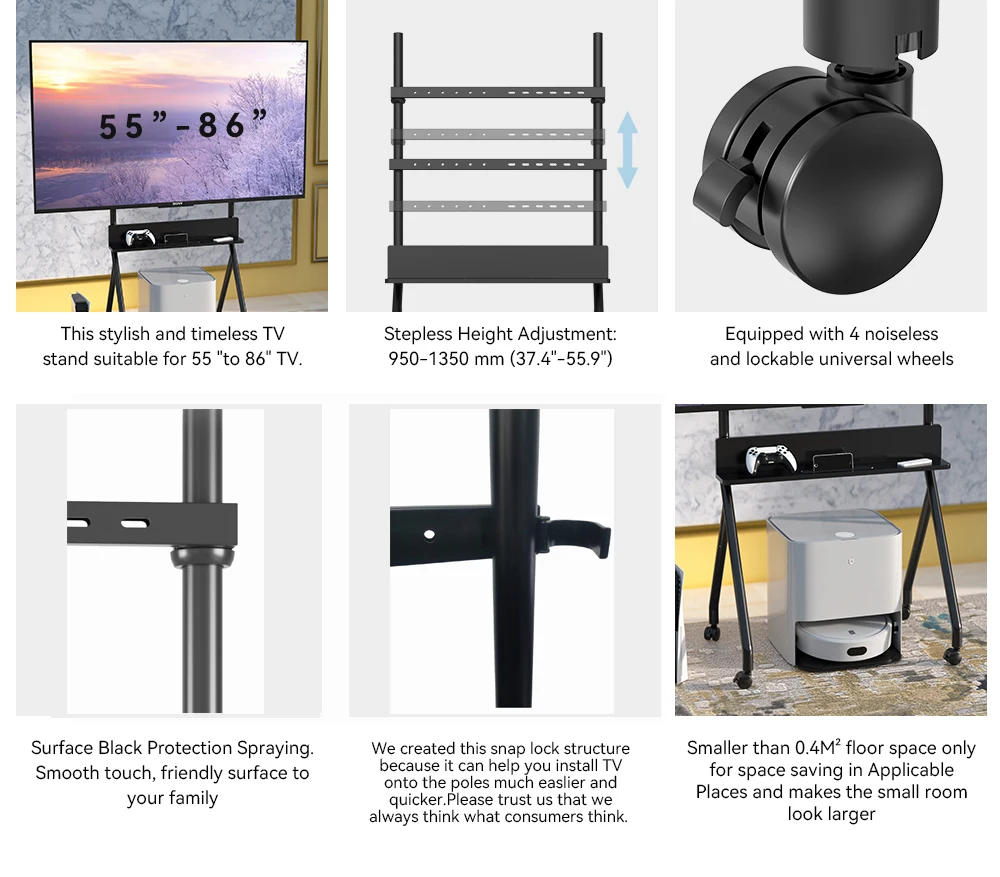 Mobile TV Cart Rolling Floor Stand Lockable Wheels Height Adjustable Trolley 55-86 inch interactive whiteboard tv display stand