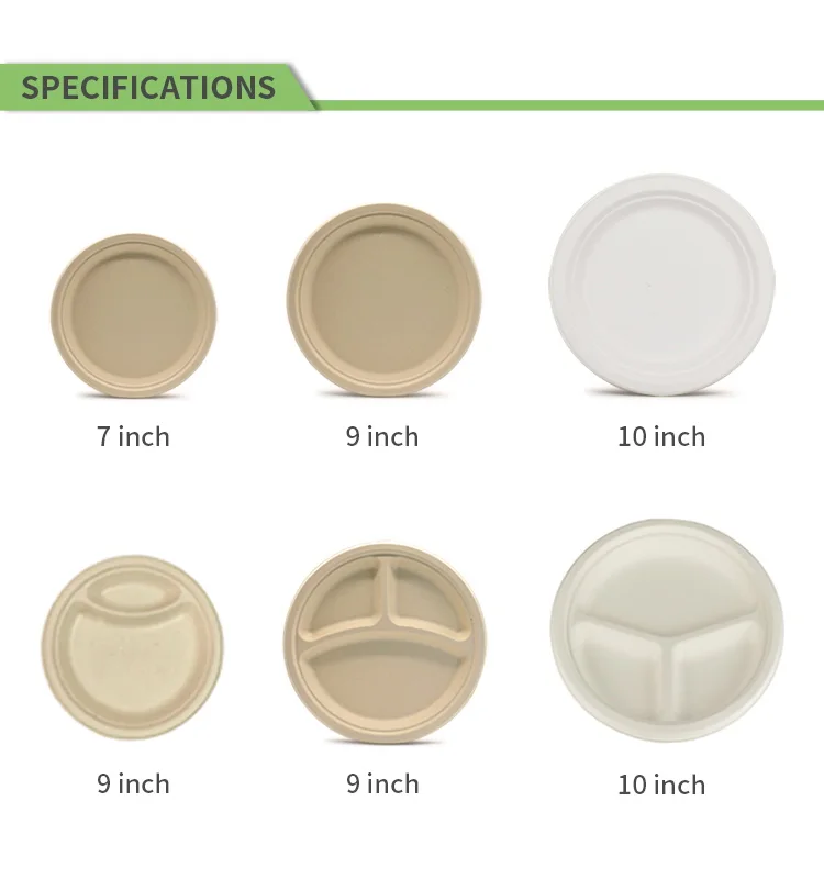 3 compartment disposable biodegradable takeaway bagasse pulp paper party dinner cake food wedding dishes plates set for birthday