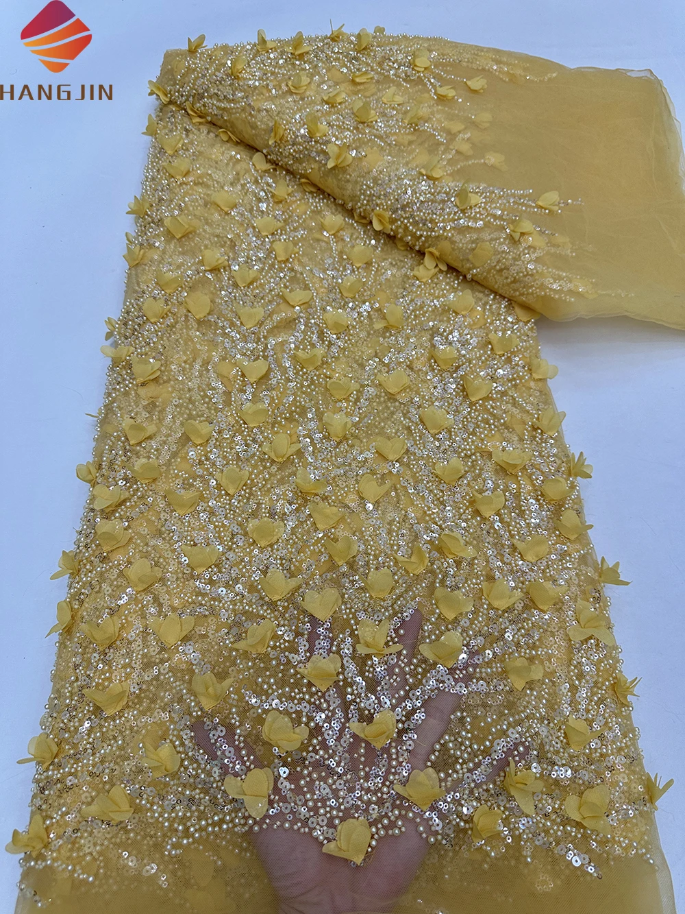 White High Quality African Beaded Sequins 3D Flowers Embroidered Lace Fabric French Tulle Beads Lace Fabric For Bridal Dress