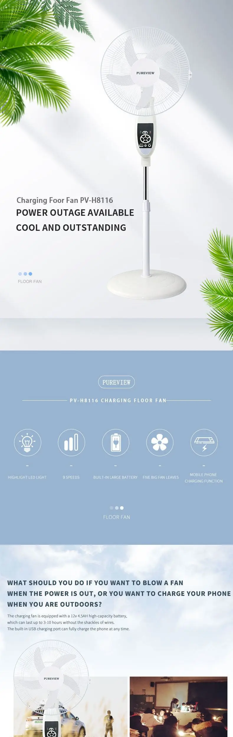 Removable Portable Ac 5V DC 9V Rechargeable 16 inch Solar fan large capacity charging floor fan