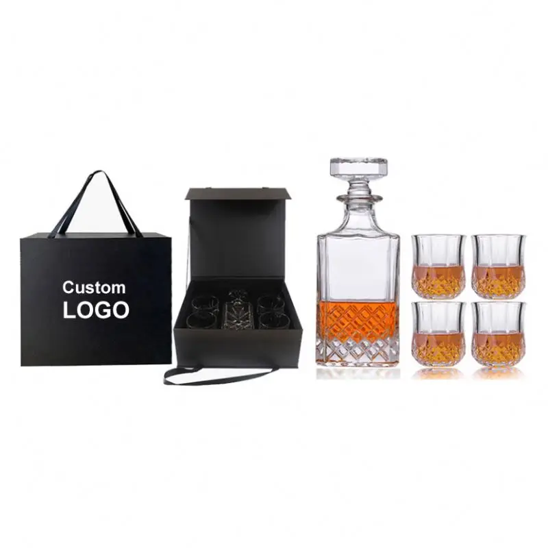 New design borosilicate glass bottle Globe wine decanter set with wood base 4 cup set