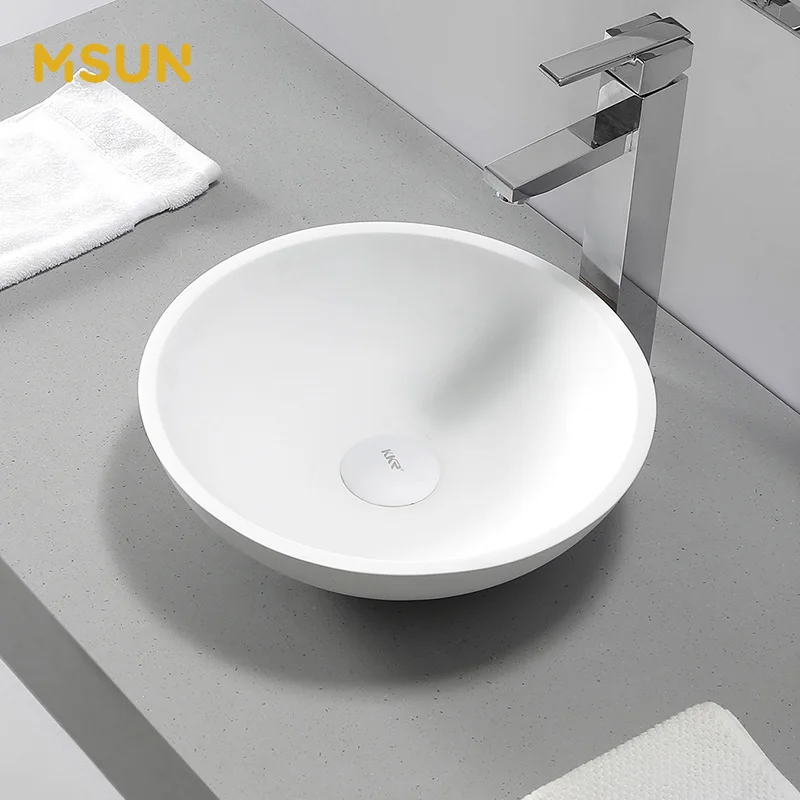 Round White Customized Color Line Luxury Modern Design Table Top Solid Surface Bathroom Sink Vessel Art Hand Wash Basin Fo